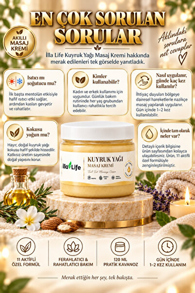İlla Life Kuyruk Yağlı Premium Massage Comfort Ferahlatıcı Mentollü Arnika Biberiye Okaliptüs ve Kafur İçerikli Özel Formül Bel Boyun Bacak Sırt Diz Omuz İçin Kas Eklem Rahatlatıcı Akıllı Masaj Kremi 120 ML