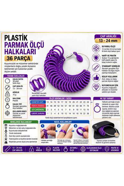 Torna Türk Tornatürk Plastik Parmak Ölçü Halkaları Yüzük Ölçü Seti 36 Ölçü
