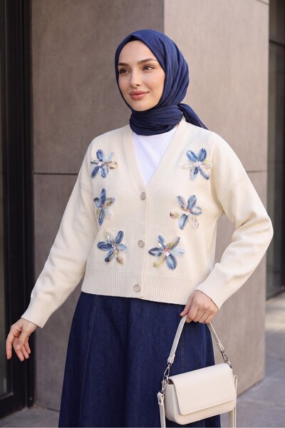 Modamorfo Buttoned Knitwear Cardigan with Sequins and Floral Detail on the Fr...