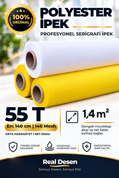 55T Serigrafi Baskı İpeği Silk Screen - 140 cm En - Beyaz Polyester Mesh - Çok Amaçlı Baskı İpeği