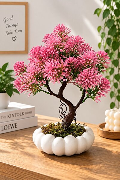 Lineva Beyaz Bubble Saksıda Yapay Pembe Kasımpatı Bonsai – Dekoratif Yapay Çiçek