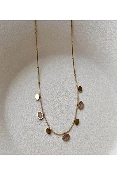 mos&more Gold Pembe Taşlı Pullu Renk Atmaz Kararmaz Kolye
