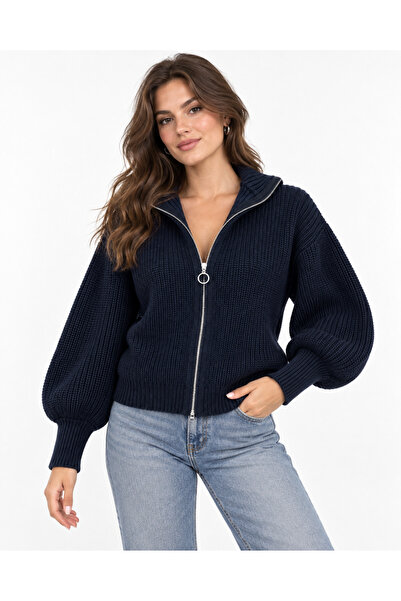 GAFE MODA Navy Shawl Collar Zip-Up Knit Cardigan