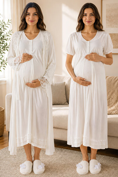 ByLohusa Cotton Short Sleeve Dressing Gown Maternity Nightgown Set Effortt - ...
