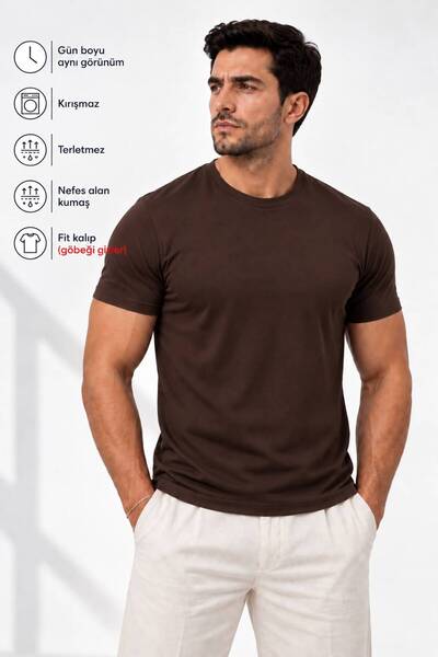 Farne Erkek Kahverengi Premium Modal Kumaş Bisiklet Yaka Comfort Fit Düz T-Shirt