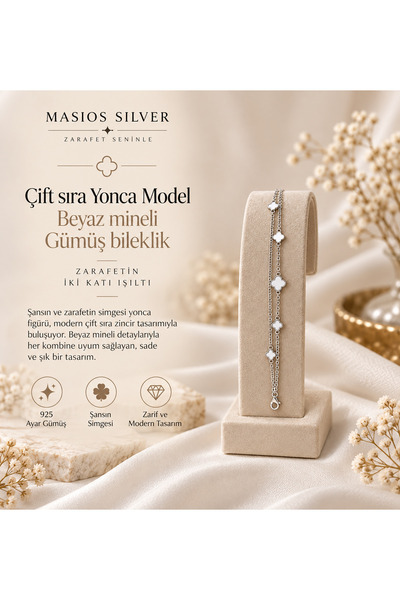 Masios Silver Çift Sıra Yonca Model Beyaz Mineli 925 Ayar Gümüş Bileklik (Rod...