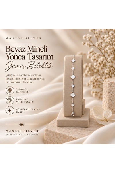 Masios Silver Beyaz Mineli Yonca Tasarım 925 Ayar Gümüş Minimal Bileklik