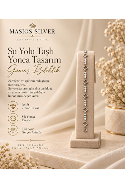 Masios Silver Suyolu Taşlı Yonca Tasarım 925 Ayar Gümüş Kadın Bileklik (Rodyum)