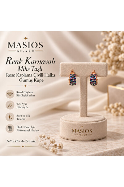 Masios Silver Renk Karnavalı Mix Taşlı Rose Kaplama Çivili Halka Küpe