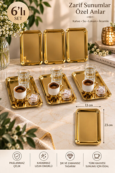 SUNVERA ÇELİK 6 ADET MİNİ GOLD BATON ÇAY KAHVE SÖZ NİŞAN SUNUM VE SERVİS TEPS...