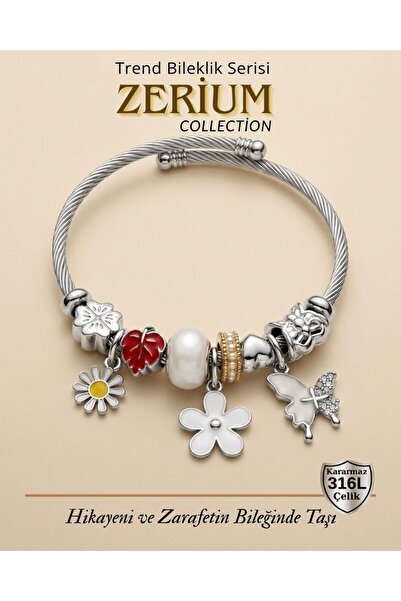 ZERİUM Trend Steel Stylish Women's Charm Steel Bracelet with White Butterfly ...