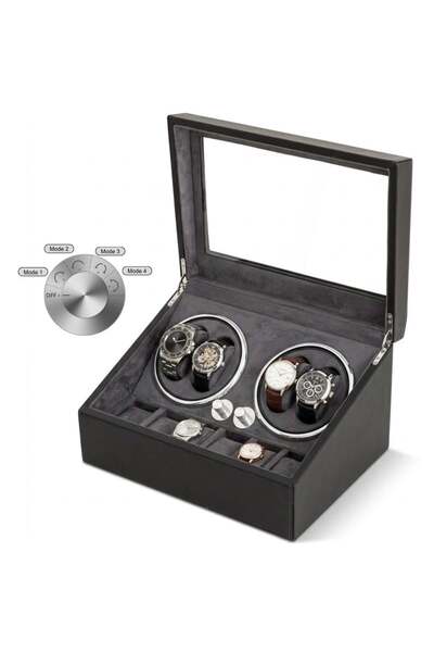 iUni Watch Winder, Watch Winder 4 + 6 storage spaces, -leather, Black