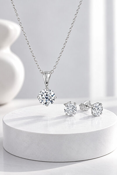 jelux silver Gümüş 925 Ayar 6*6 Mm Premium Star Kesim Zirkon Taşlı İkili Set