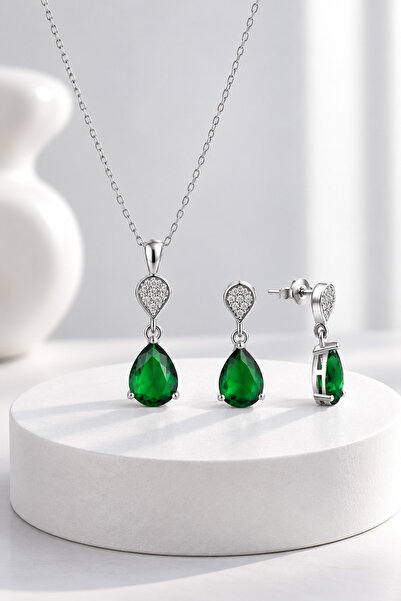 jelux silver Gümüş 925 Ayar Zümrüt Zirkon Taşlı Pırlanta Montür Damla İkili Set