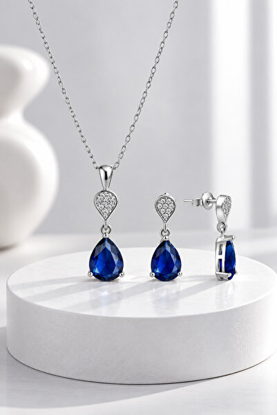 jelux silver Gümüş 925 Ayar Safir Zirkon Taşlı Pırlanta Montür Damla İkili Set