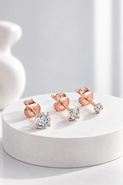 jelux silver Gümüş Tria 3mm 4 mm 5 mm Zirkon Taşlı Rose Küpe