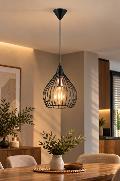 Trend Kitchen Siyah Kafes Tekli Sarkıt Avize