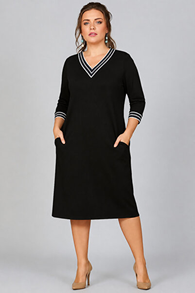 Curvy Trend Rochie din viscoză cu mâneci lungi și dungi la guler și la capătu...