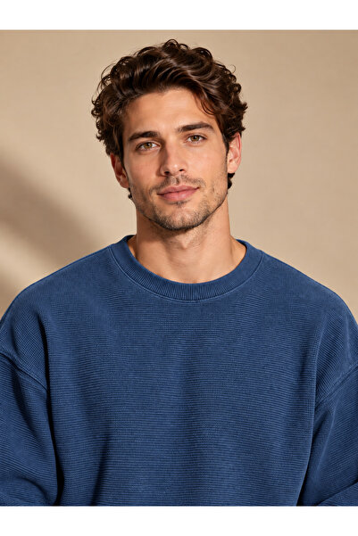 COAL CİTY Erkek İndigo Waffle Kadife Dokulu Bisiklet Yaka Oversize Sweatshirt