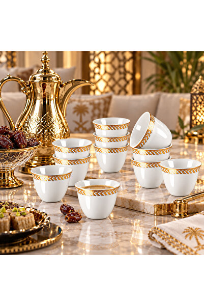 ALSAIF طقم فناجين قهوة عربية بورسلان فاخر – 12 قطعة بتصميم أبيض ونقشة ذهبية أ...