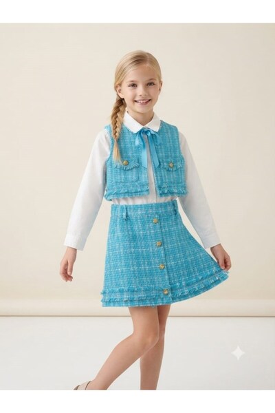 Hilal Akıncı Kids Girl's Vest Skirt White Shirt 3-Piece Set