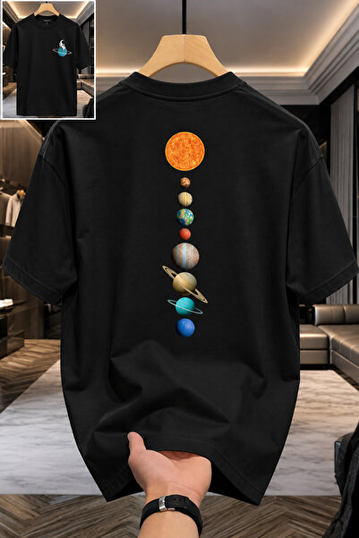 DUBU BUTİK Oversize Black Space Themed T-Shirt – Astronaut & Solar System Pat...