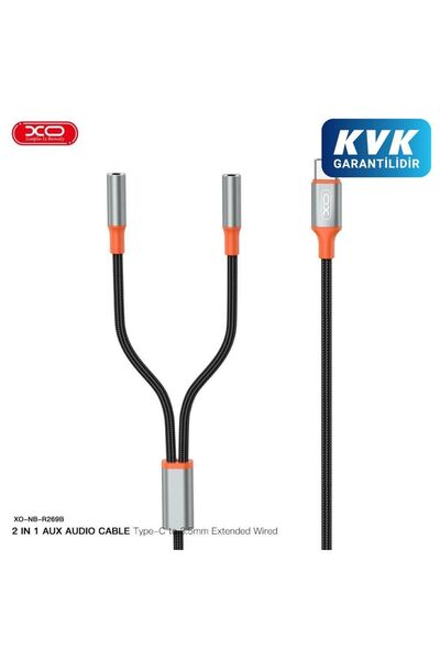 Xo Type-C to 3.5mm Çift Girişli 2'si 1 Arada Örgülü AUX Ses Dönüştürücü Kablo