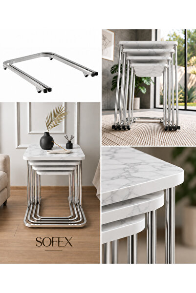 Zigon 4 Lü Metal Ayak Sehpa Mermer Desenli
