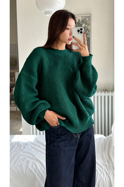 Kırlangıç Moda Green Oversized Crew Neck Women's Knitwear Sweater