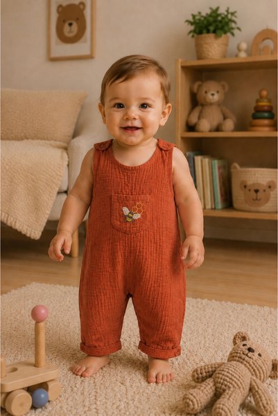 Be'Calm Muslin 100% Organic Cotton - Unisex Baby - Long Jumpsuit - Embroidered Pocket - Snap Fasteners - Tile Pattern