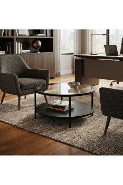 AGD Modern Glass Coffee Table 2-tier Side Table Round Glass Top Table For Liv...