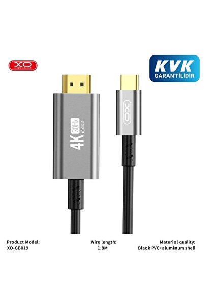 Xo Gb019 Type-C to HDMI 4K Video Transfer Cable - 1.8 Meters Metal Case