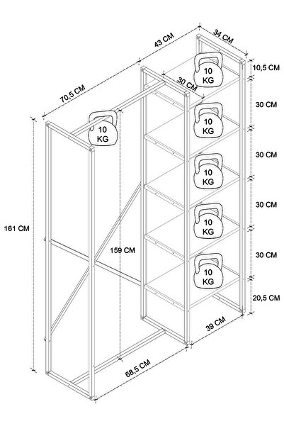 Bofigo 5 Raflı Metal Gardırop Metal Portmanto Açık Gardırop Elbise Dolabı Metal Askılık Vestiyer Loftix Beyaz