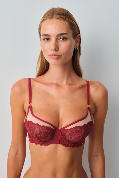 Amarelle Monaco Burgundy Embroidered Tulle Detailed Transparent Bra - Underwire Balconette