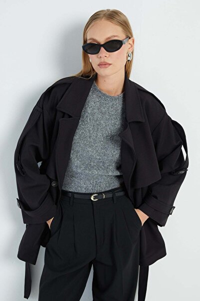 Fulla Moda Beli Kemerli Kruvaze Yaka Oversize Trençkot