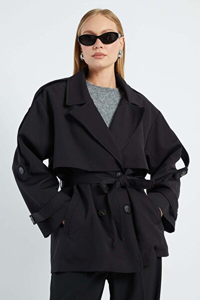 Fulla Moda Beli Kemerli Kruvaze Yaka Oversize Trençkot