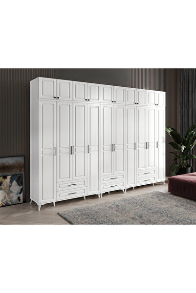 GuneyStore Ücretsiz Montaj Komple MDF Gözde 10 Kapaklı Yüklüklü Beyaz Gardırop