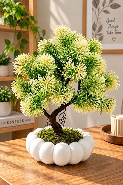 Lineva Beyaz Bubble Saksıda Yapay Beyaz Kasımpatı Bonsai – Dekoratif Yapay Çiçek