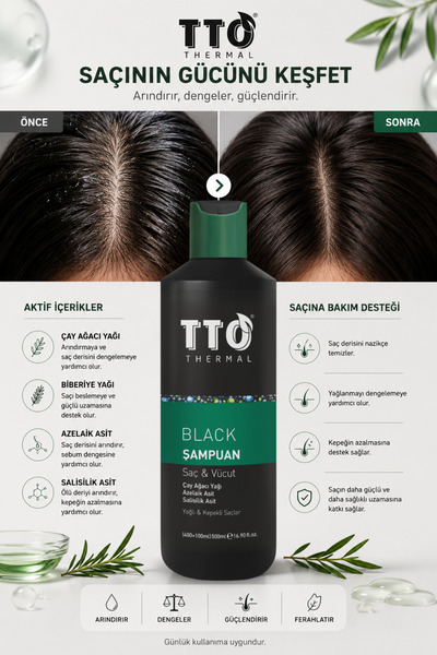 TTO Saç ve Vücut Şampuanı Arındırıcı Bakım 400 + 100 ml Salisilik ve Azelaik Asit Thermal Black