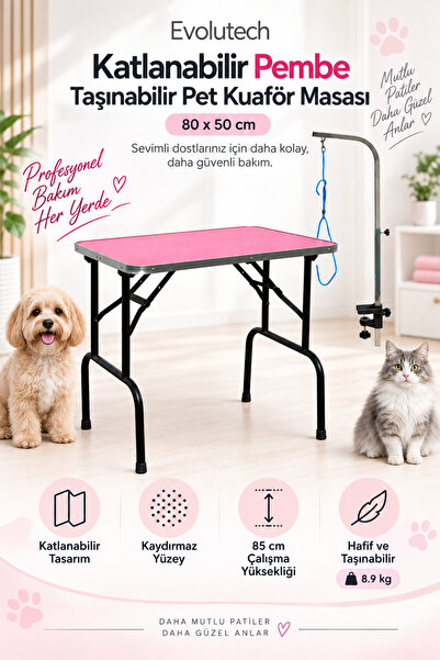 Pet Grooming Katlanabilir Pembe Taşınabilir Pet Kuaför Masası (80 cm x 50 cm)