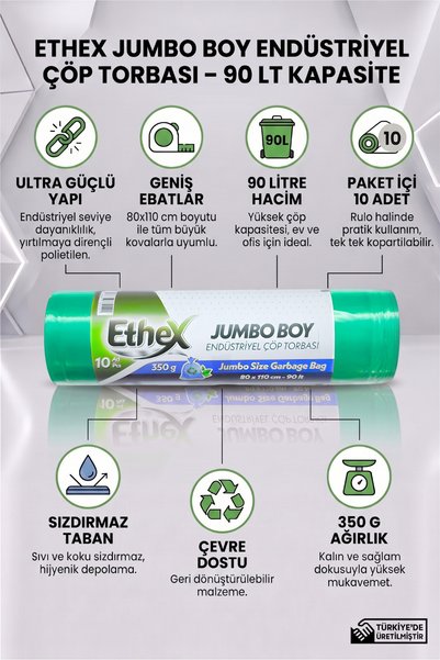Ethex Endüstriyel Jumbo Boy Çöp Torbası (10 ADET 350GR 80 X 110CM 90LT YEŞİL 5 RULO)