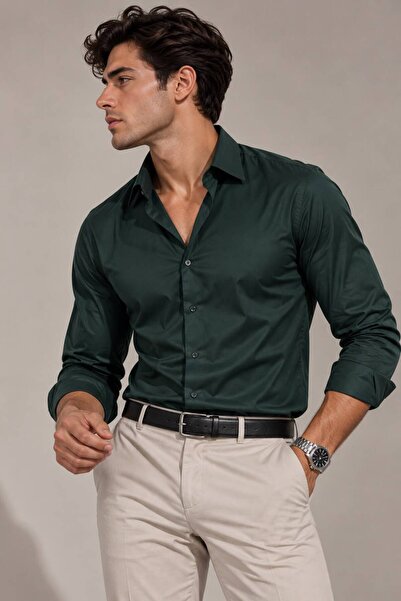 sepetx Erkek Basic Premium Pamuk Saten Slim Fit Haki Yeşili Gömlek