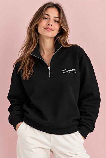 Jooy Company Yarım Fermuarlı Atatürk İmza Baskılı Siyah Sweatshirt
