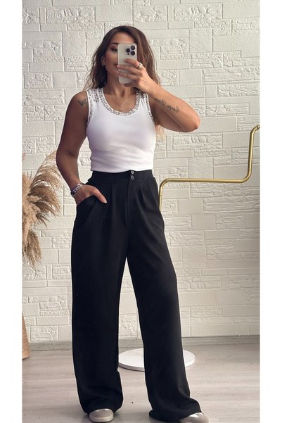 Derya Akyol Women's Black High-Waisted Lycra Wide-Leg Pants - Stretchy Fabric...