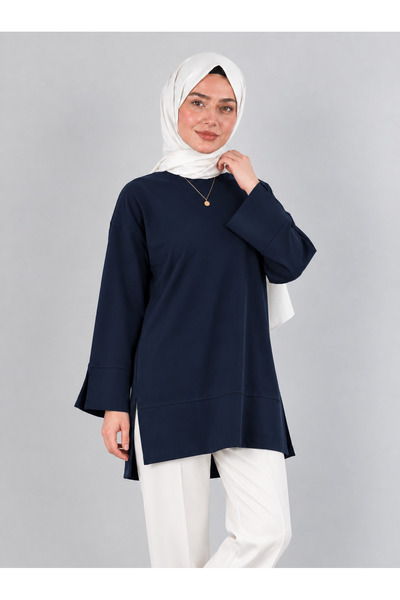 Warasiva Women's Navy Blue Oversize Modal Fabric Slit Detailed Crew Neck Hija...