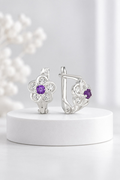 jelux silver Gümüş 925 Ayar Yonca Desenli Garnet Taşlı Çocuk Küpe