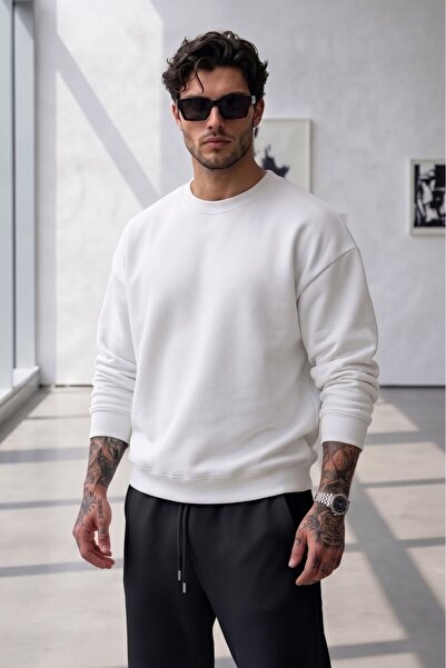 NO 601 Erkek Beyaz Bisiklet Yaka Kapşonsuz Kışlık Sweat