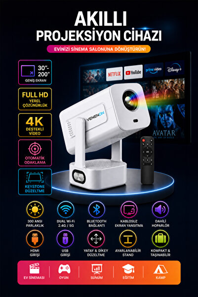 Venenon PRO602 Taşınabilir Android Projeksiyon Cihazı Bass Projektör Telefon ...