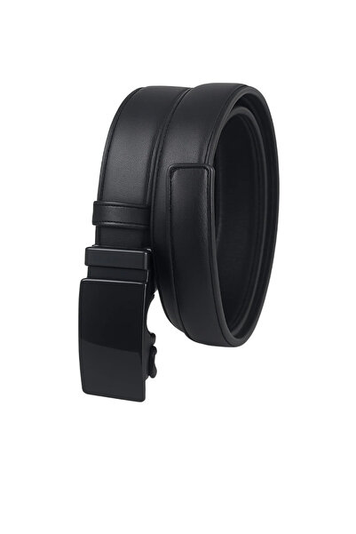 Çantacım Men's Belt with Automatic Buckle, Rail, No Holes, Black Leather