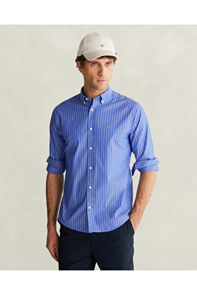 Gant Erkek Lacivert Regular Fit Çizgili Logolu Gömlek